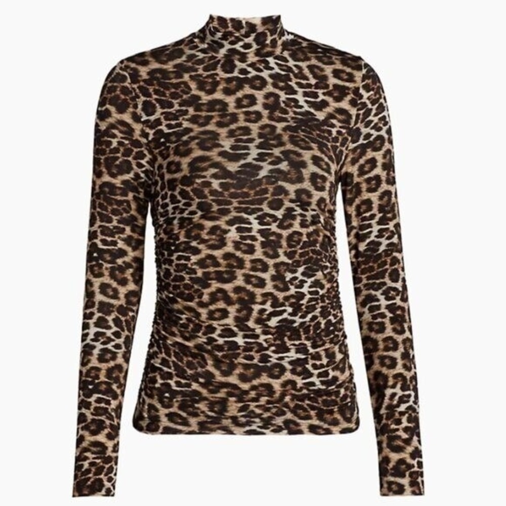 Farm Rio Womens Leopard Print Mock Neck Ruched Long Sleeve Top Brown Size M